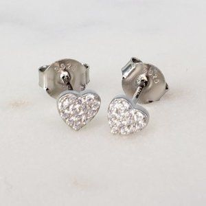 New Rhodium Plated Pave Heart Stud Earrings